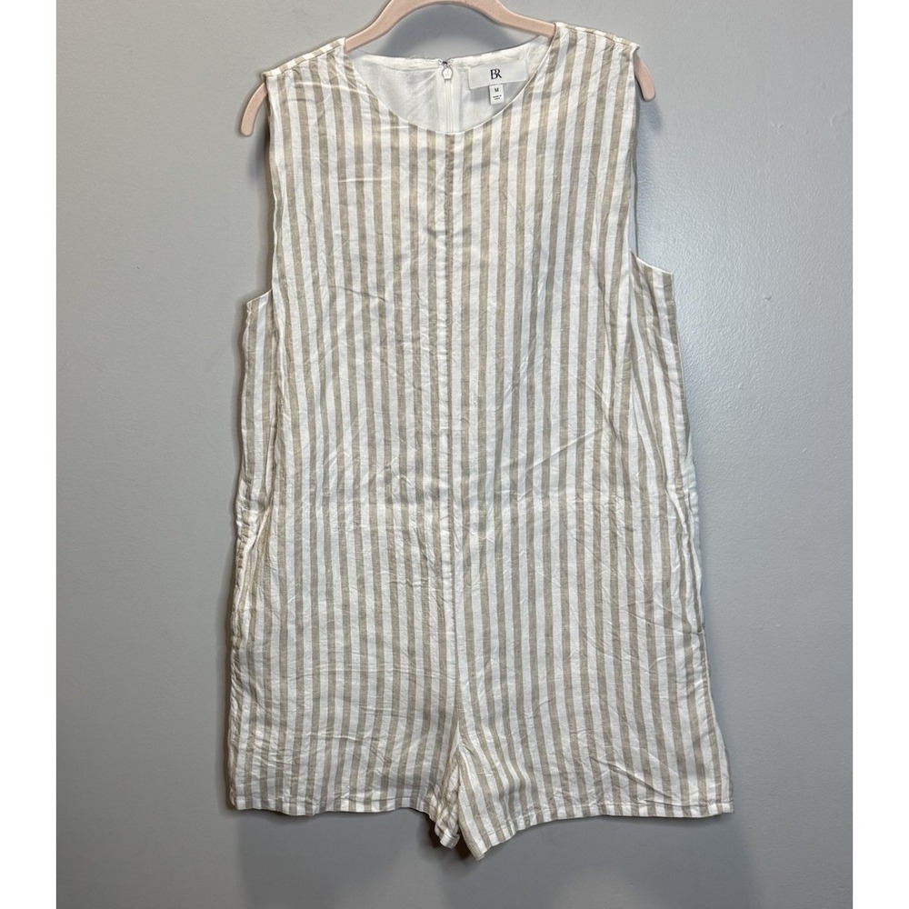 Banana Republic Women's Linen Romper Shorts SZM Beige/White Striped Side Pockets